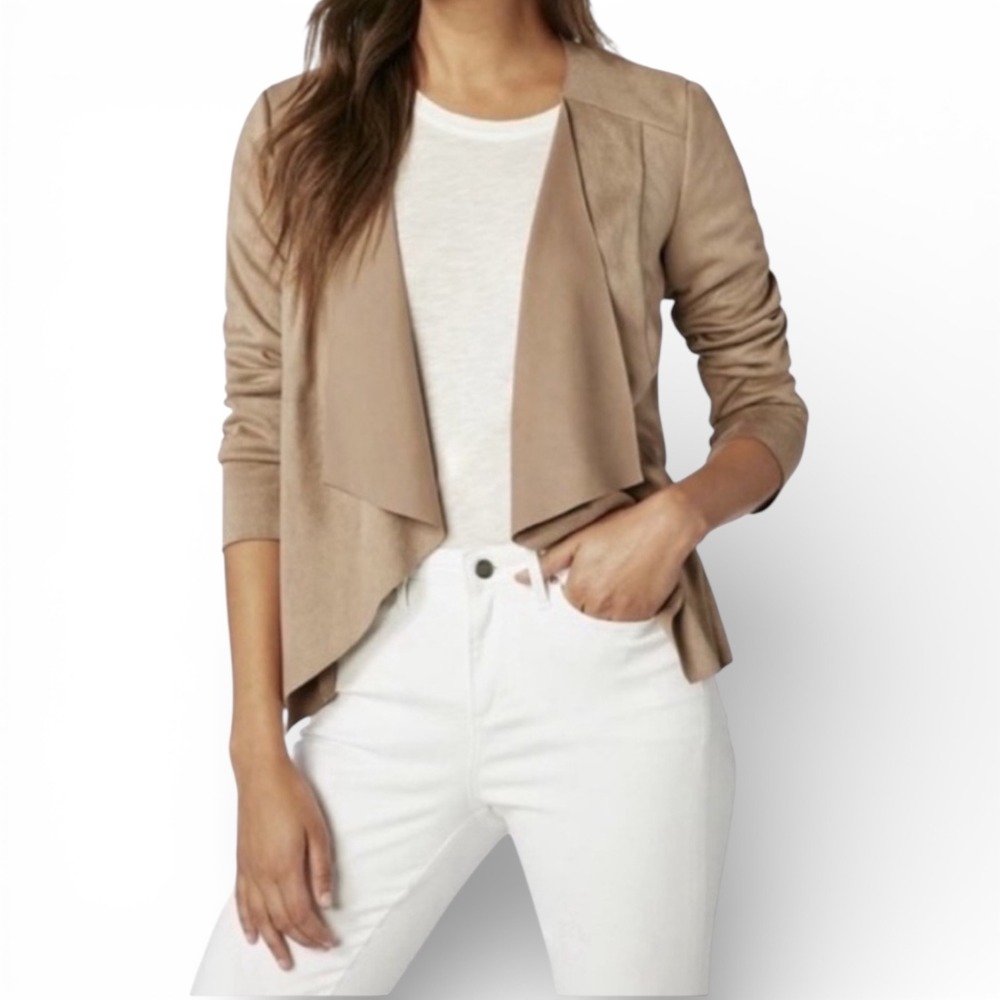 Zara Basic Faux Suede Draped Open Front Cardigan Jacket Tan‎ Womens Large
